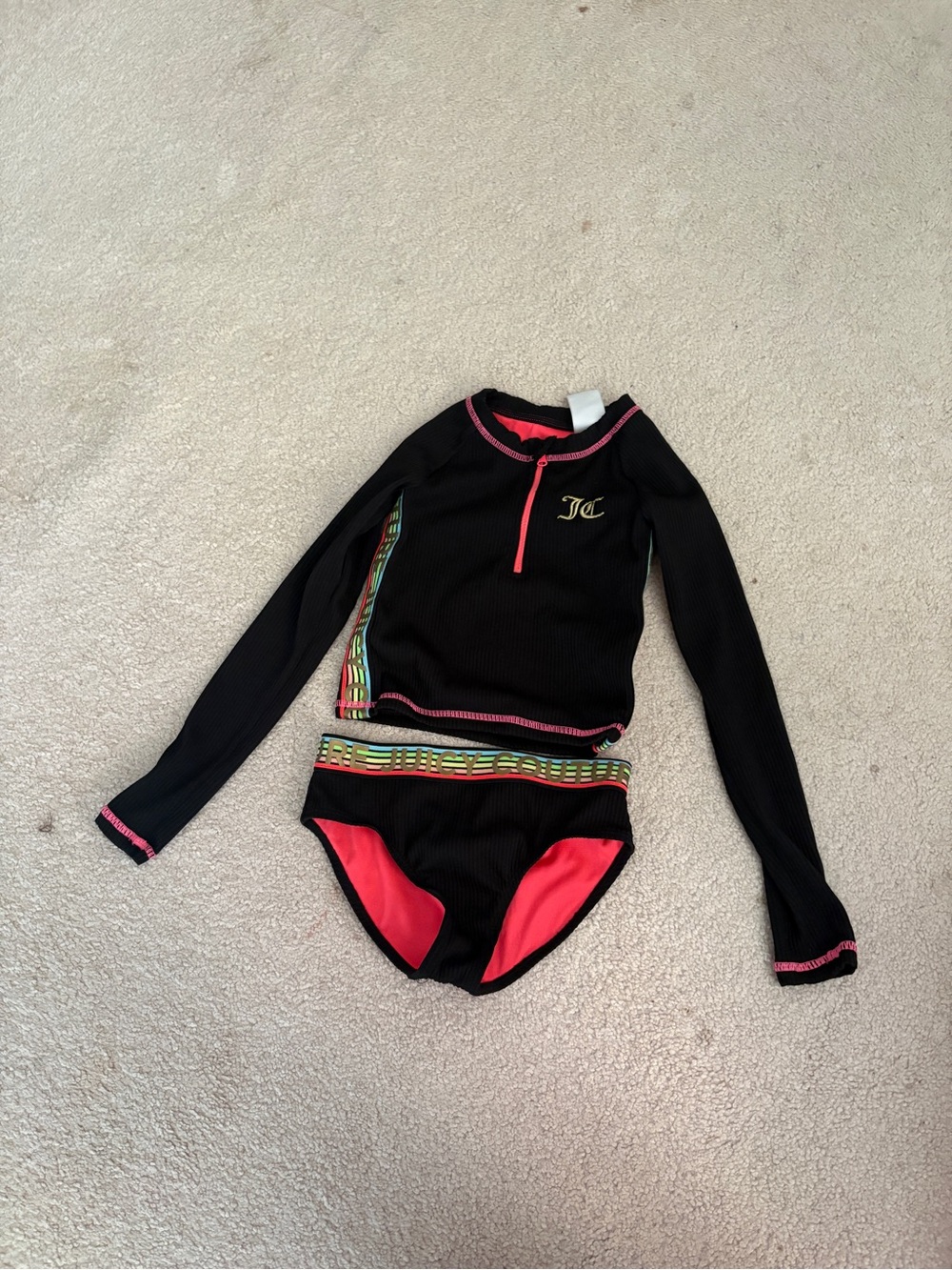 Juicy Couture Black and Neon Pink Kids Long-Sleeve Rashguard Swim Set